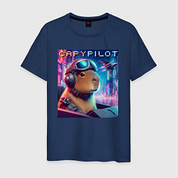 Футболка хлопковая мужская Capybara is a cool pilot - ai art fantasy, цвет: тёмно-синий
