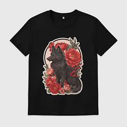 Футболка хлопковая мужская Чёрный волк и красные цветы, цвет: черный