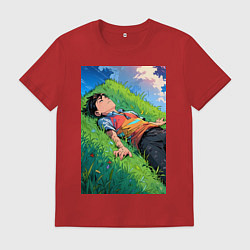 Футболка хлопковая мужская Аниме мальчик на траве, цвет: красный