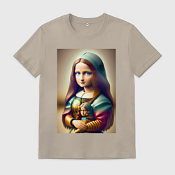 Футболка хлопковая мужская Маленькая Мона Лиза в детстве с куклой - нейроарт, цвет: миндальный