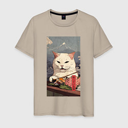 Футболка хлопковая мужская Cat meme - japan style, цвет: миндальный
