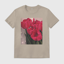 Футболка хлопковая мужская Тюльпаны красные, цвет: миндальный