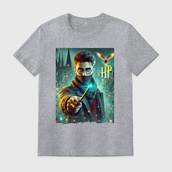 Футболка хлопковая мужская Harry Potter with a magic wand - ai art fantasy, цвет: меланж