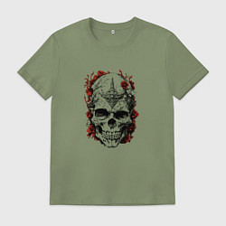 Футболка хлопковая мужская Череп с красными цветами, цвет: авокадо