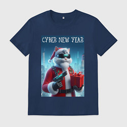 Футболка хлопковая мужская Кот с пистолетом и подарком, цвет: тёмно-синий