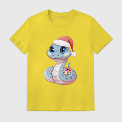 Футболка хлопковая мужская Голубая новогодняя змея с подарком, цвет: желтый