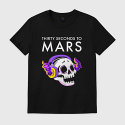 Футболка хлопковая мужская Thirty Seconds to Mars - неоновый череп, цвет: черный