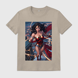 Футболка хлопковая мужская Чудо-женщина на крыше с городским фоном, цвет: миндальный