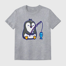 Футболка хлопковая мужская Пингвинёнок рыбак, цвет: меланж
