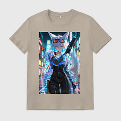 Футболка хлопковая мужская Лиса наемник в стиле Cyberpunk, цвет: миндальный