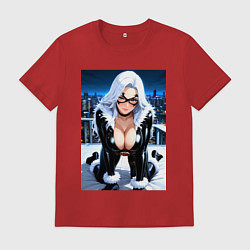 Футболка хлопковая мужская Черная кошка на крыше небоскреба, цвет: красный