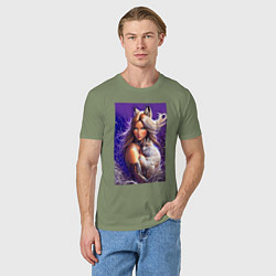 Футболка хлопковая мужская Девушка-лиса с лисёнком нейроарт, цвет: авокадо — фото 2
