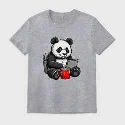 Футболка хлопковая мужская Панда с кофе за ноутбуком, цвет: меланж