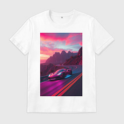 Футболка хлопковая мужская Суперкар едет по серпантину, цвет: белый