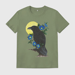Футболка хлопковая мужская Чёрный ворон на ветке под луной среди синих цветов, цвет: авокадо