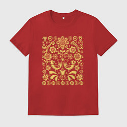 Футболка хлопковая мужская Обережный узор позолота - птицы счастья, цвет: красный