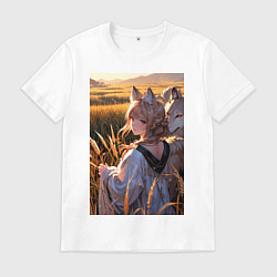 Футболка хлопковая мужская Девушка-волчица посреди поля пшеницы, цвет: белый