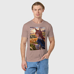 Футболка хлопковая мужская Девушка-волчица посреди поля пшеницы, цвет: пыльно-розовый — фото 2