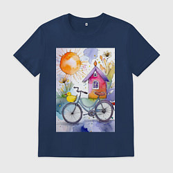 Футболка хлопковая мужская Утенок на велосипеде - акварель, цвет: тёмно-синий