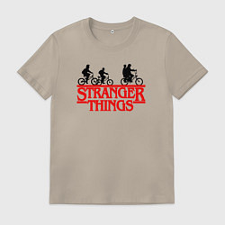 Футболка хлопковая мужская Очень странные дела надпись, цвет: миндальный