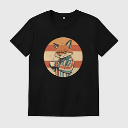 Футболка хлопковая мужская Лисёнок с кофе, цвет: черный