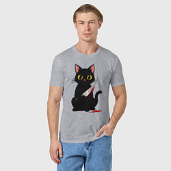 Футболка хлопковая мужская Черный кот с ножом, цвет: меланж — фото 2