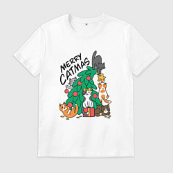 Футболка хлопковая мужская Merry catmas, цвет: белый