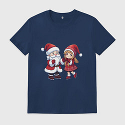 Футболка хлопковая мужская Мультяшные Дед Мороз и Снегурочка держатся за руки, цвет: тёмно-синий