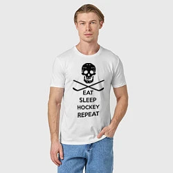 Футболка хлопковая мужская Eat sleep hockey repeat, цвет: белый — фото 2