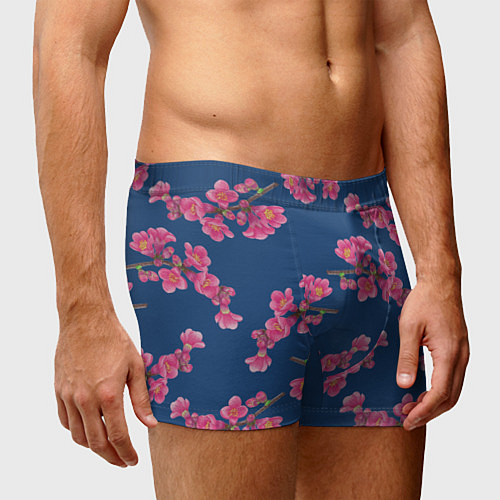 Мужские трусы Веточки айвы с розовыми цветами на синем фоне / 3D-принт – фото 3