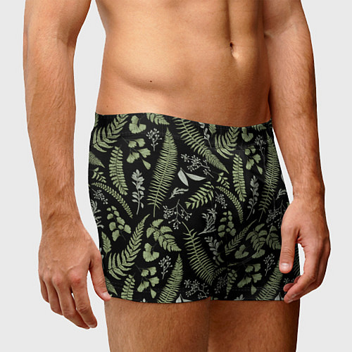 Мужские трусы Зелёные листья папоротника на черном фоне / 3D-принт – фото 3