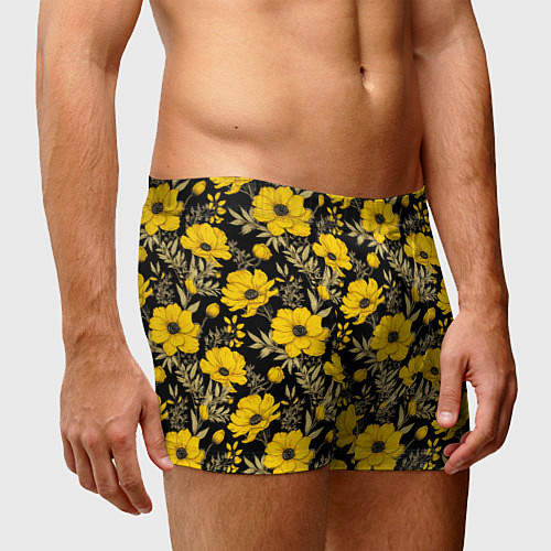 Мужские трусы Желтые цветы на черном фоне паттерн / 3D-принт – фото 3
