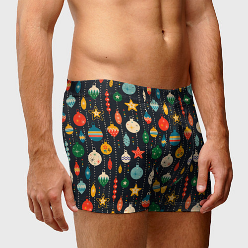 Мужские трусы Новогодние ёлочные игрушки на черном фоне / 3D-принт – фото 3