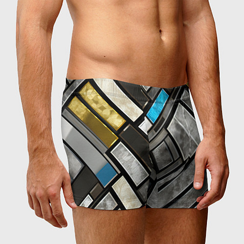 Мужские трусы Серые квадраты с голубой вставкой / 3D-принт – фото 3