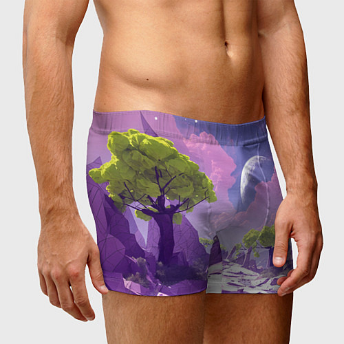 Мужские трусы Фиолетовые горы зеленые деревья и космос / 3D-принт – фото 3
