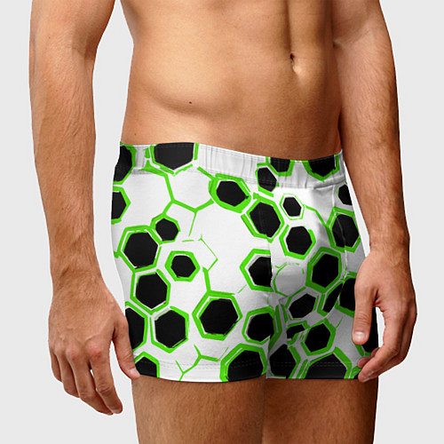 Мужские трусы Чёрно-зелёные шестиугольники на белом фоне / 3D-принт – фото 3