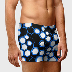 Трусы-боксеры мужские Бело-синие шестиугольники на чёрном фоне, цвет: 3D-принт — фото 2