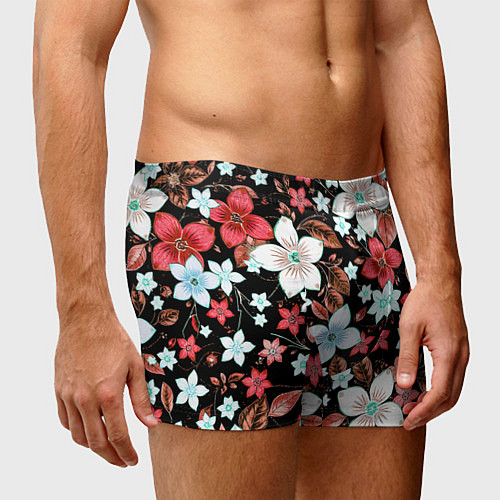 Мужские трусы Красно-белые цветы на чёрном фоне / 3D-принт – фото 3