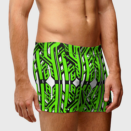 Мужские трусы Чёрно-зелёные техно полосы на белом фоне / 3D-принт – фото 3