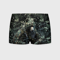 Трусы-боксеры мужские Медведь снайпер в лиственном камуфляже, цвет: 3D-принт