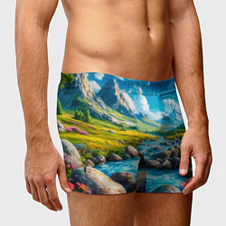 Трусы-боксеры мужские Пейзаж художественный горы речка камни, цвет: 3D-принт — фото 2