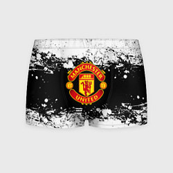 Трусы-боксеры мужские Манчестер Юнайтед черно белые краски лого, цвет: 3D-принт