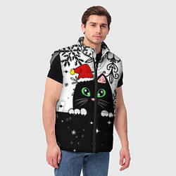 Мужской жилет Новогодний кот в колпаке Санты, цвет: 3D-светло-серый — фото 2