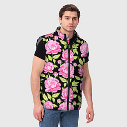 Мужской жилет Розовые пионы на черном, цвет: 3D-светло-серый — фото 2