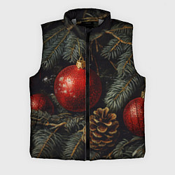 Мужской жилет Красные новогодние шары с шишкой, цвет: 3D-светло-серый