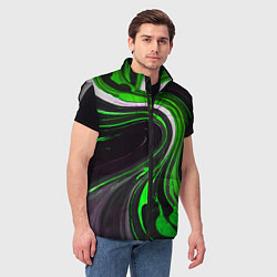 Мужской жилет Волнистые бело-зелёные линии на чёрном фоне, цвет: 3D-светло-серый — фото 2