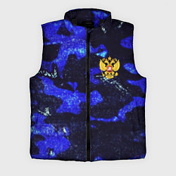 Мужской жилет Синий потертый камуфляж и герб РФ, цвет: 3D-черный