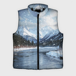 Мужской жилет Снежный горный пейзаж с елями и рекой, цвет: 3D-черный