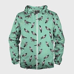 Ветровка с капюшоном мужская Голуби на зеленом, цвет: 3D-белый