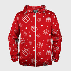 Ветровка с капюшоном мужская Новогодние подарки на красном фоне, цвет: 3D-белый